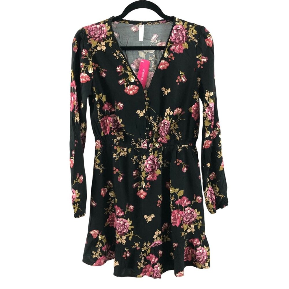 Xhilaration Mini Dress Floral Long Sleeve V Neck A Line Black Pink Size S